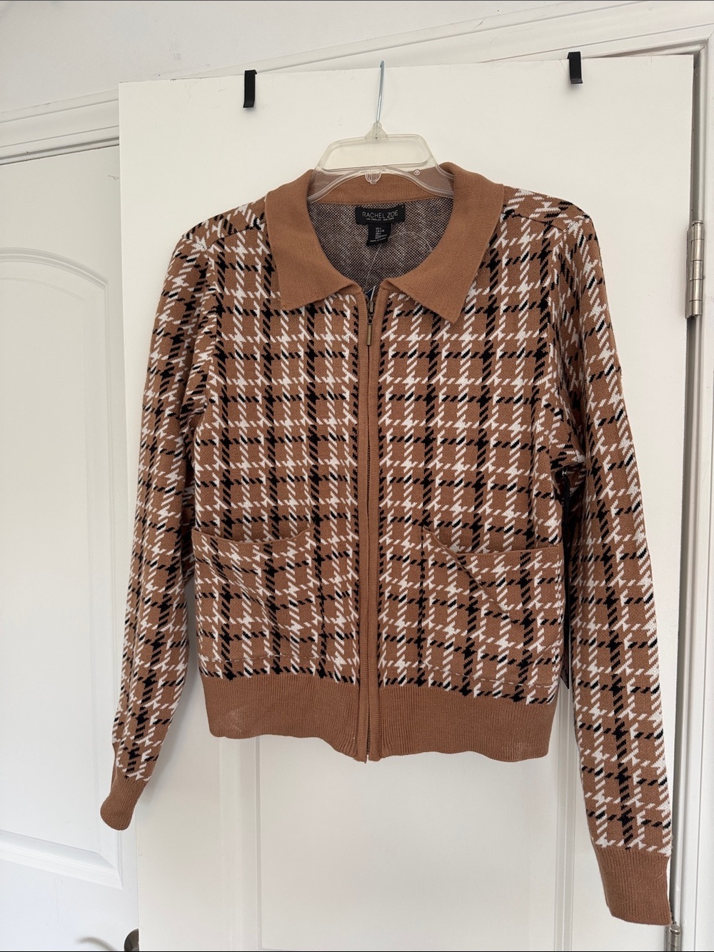 Rachel Zoe Brown & Cream Houndstooth Zip-Front Knit Jacket